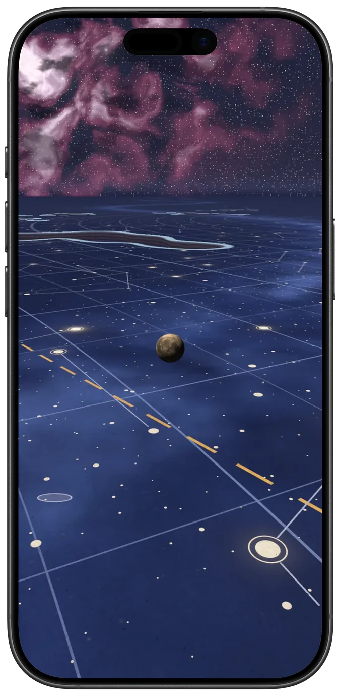 A moon ball on a star-chart floor at night, with small starry pits ahead and a pink nebula in the sky.