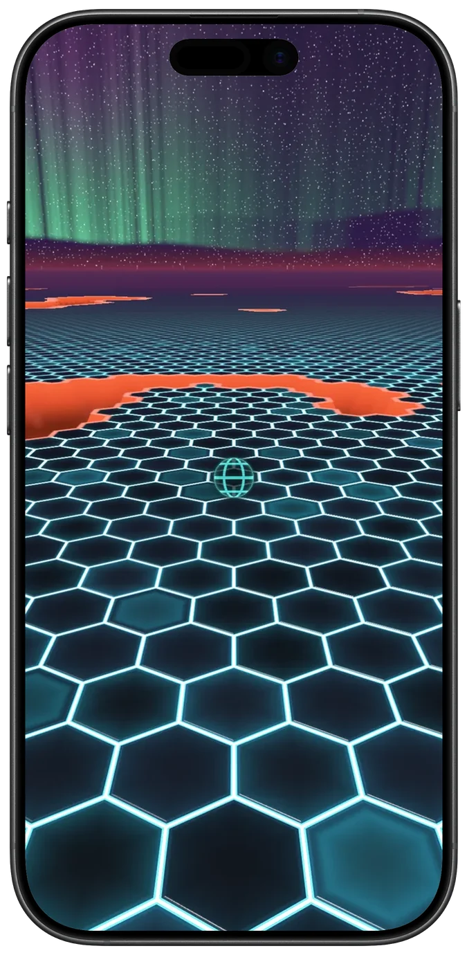 A hologram ball on a glowing hexagon floor, with glowing pits to the side and green aurora in the sky.