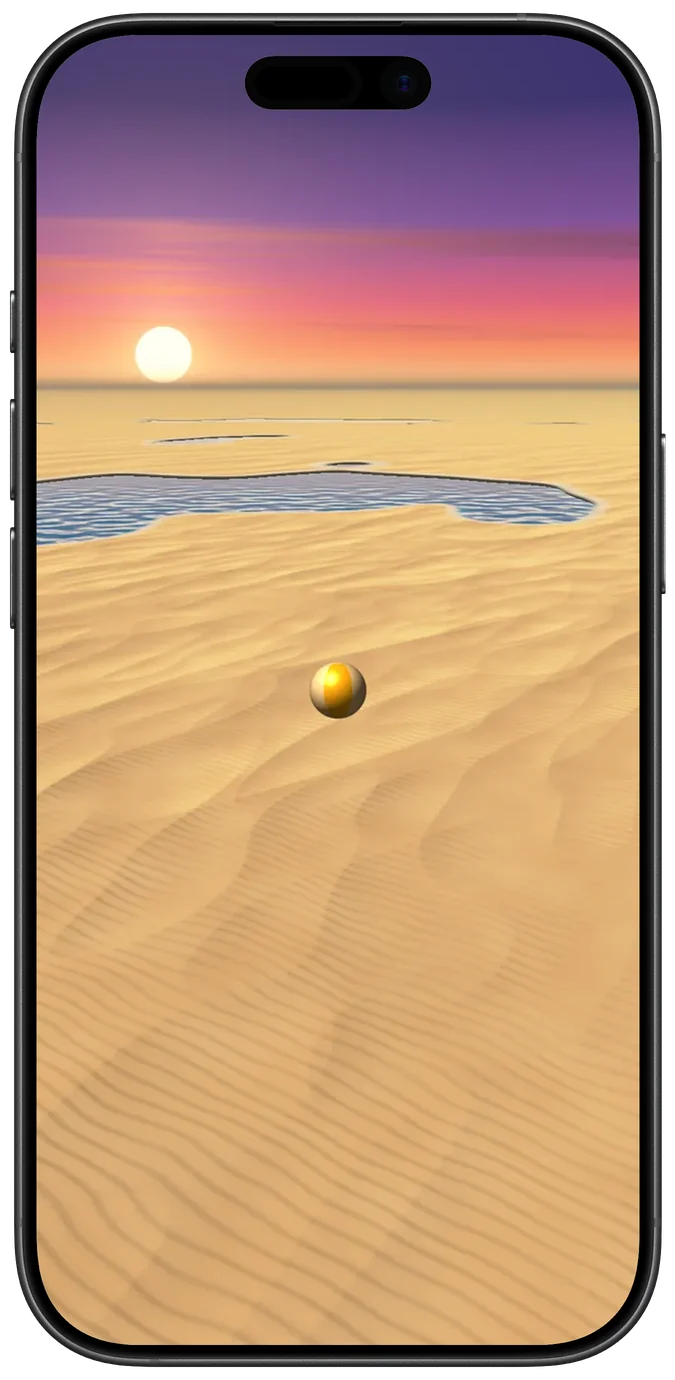 A beach ball on sand dunes beside pools of water, with the sun setting on the horizon.