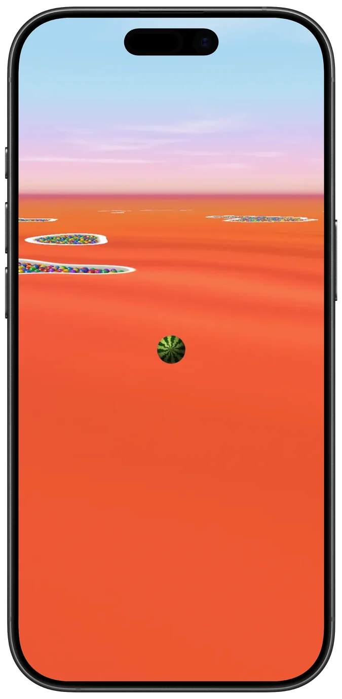 A watermelon ball on a bright orange floor, with pits far ahead under a pale pink sky.