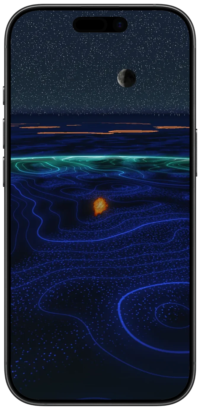 A ball of flame on a glowing blue contour floor at night, with orange pits ahead under the stars.