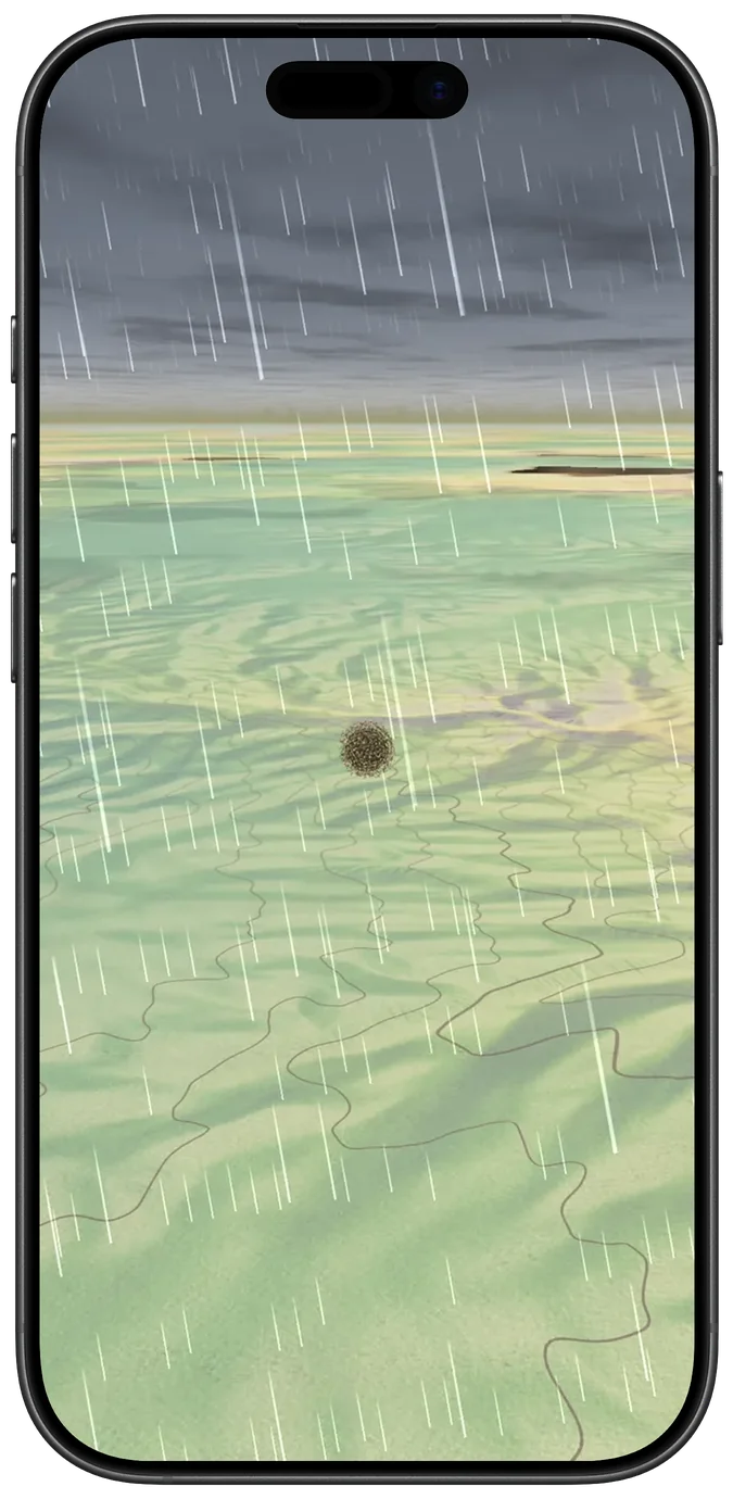 A tumbleweed on a map floor in the rain, with quicksand pits ahead.
