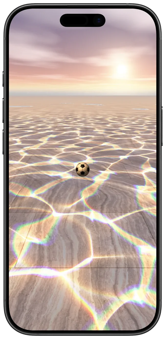 A football on a floor of rippling sunlight on water, with icy pits ahead under a sunny sky.