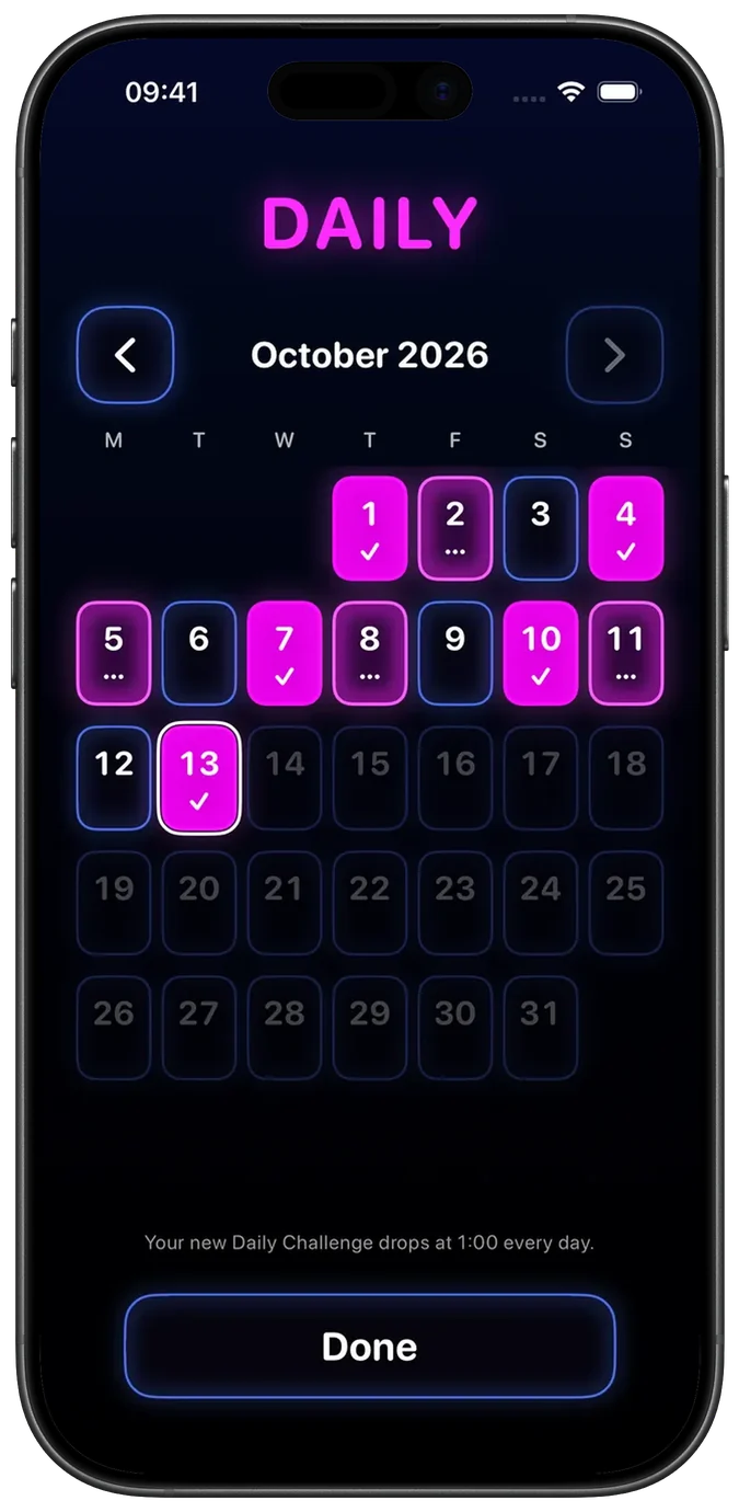 The Daily Challenge calendar, with the days played marked and the current streak.