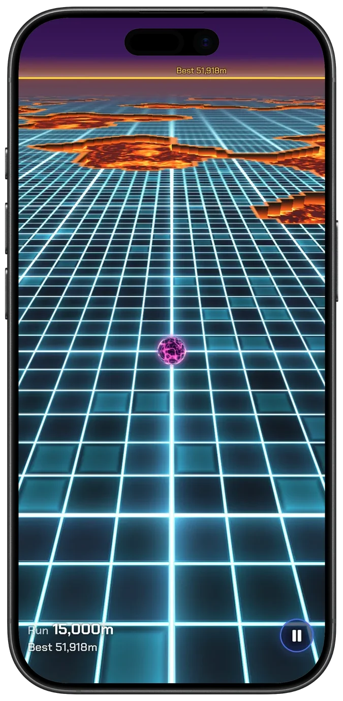 An Endless run 15,000 metres in: the ball on a neon grid, wide glowing orange pits ahead, and the run and best distances in the corner.