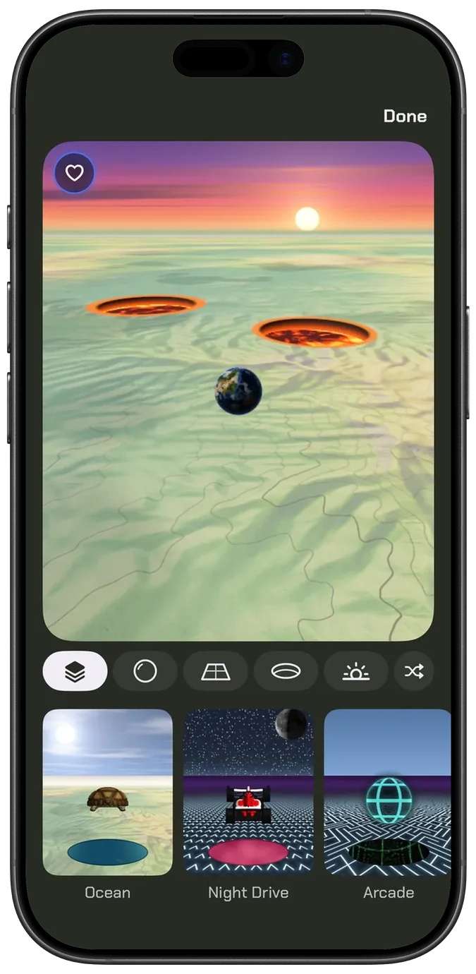 The Theme screen: a preview of the ball, floor, pit and sky, with a row of looks to choose from underneath.